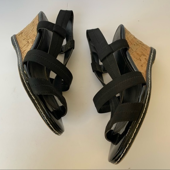 Charles David black nylon leather sandal wedge cork heel platform shoe slingback - Picture 1 of 9